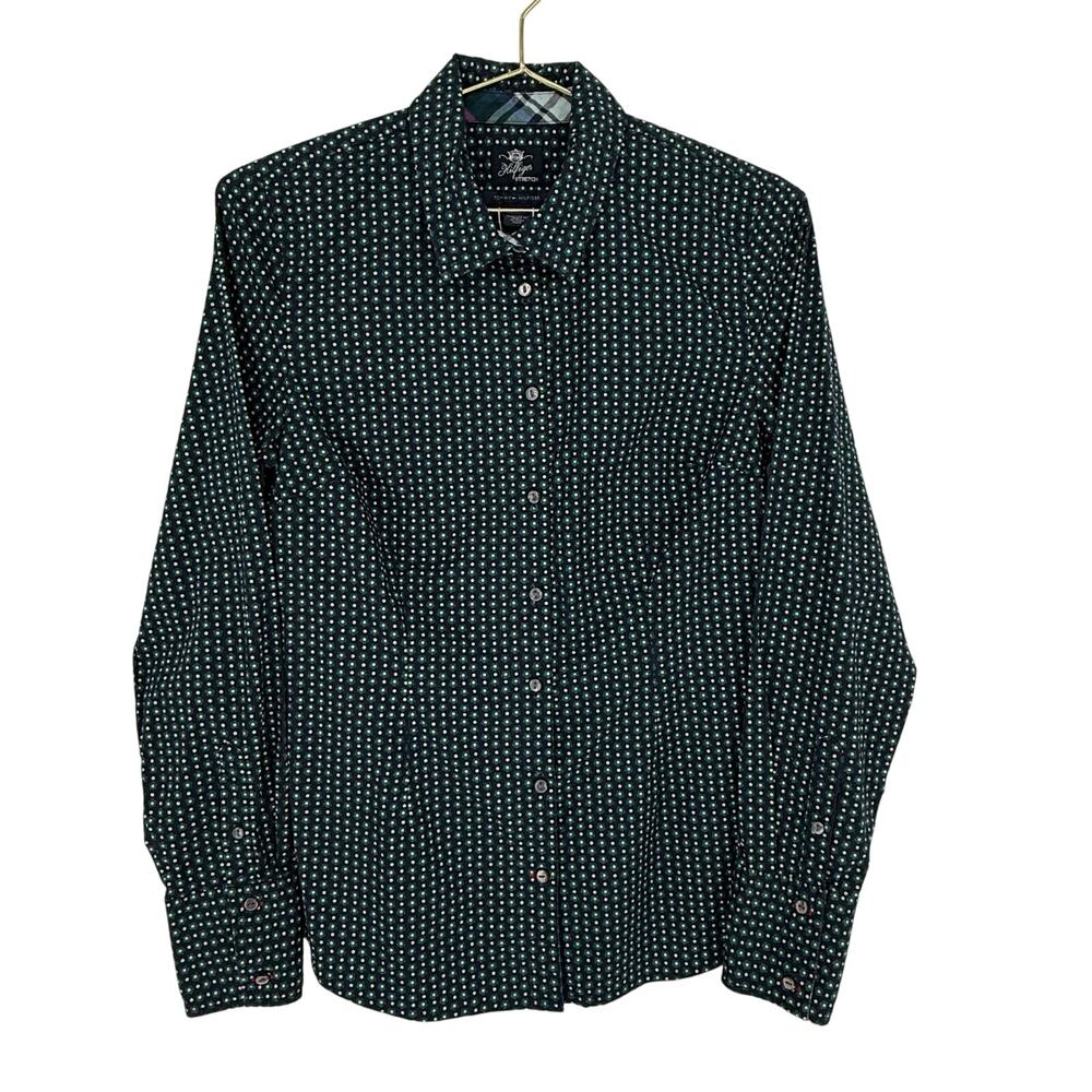 Tommy Hilfiger Polka Dot Button Front Stretch Shirt Women's S Green Navy Casual